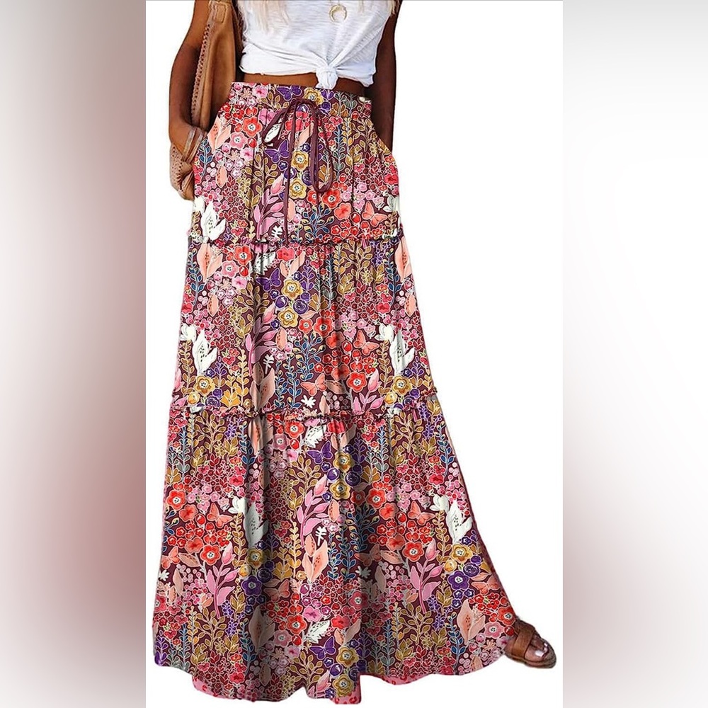 Long, flowy floral boho maxi skirt with pockets and drawstring closure